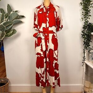 H&M Belted Floral Maxi Shirtdress Sz M Red Button Front Short Sleeves Dress H M